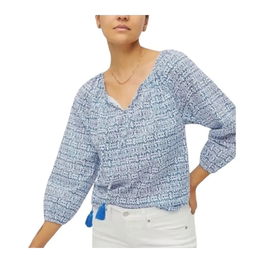 J. Crew ReImagined Blue White Vermicular Print Keyhole Tassel Blouse Size Small